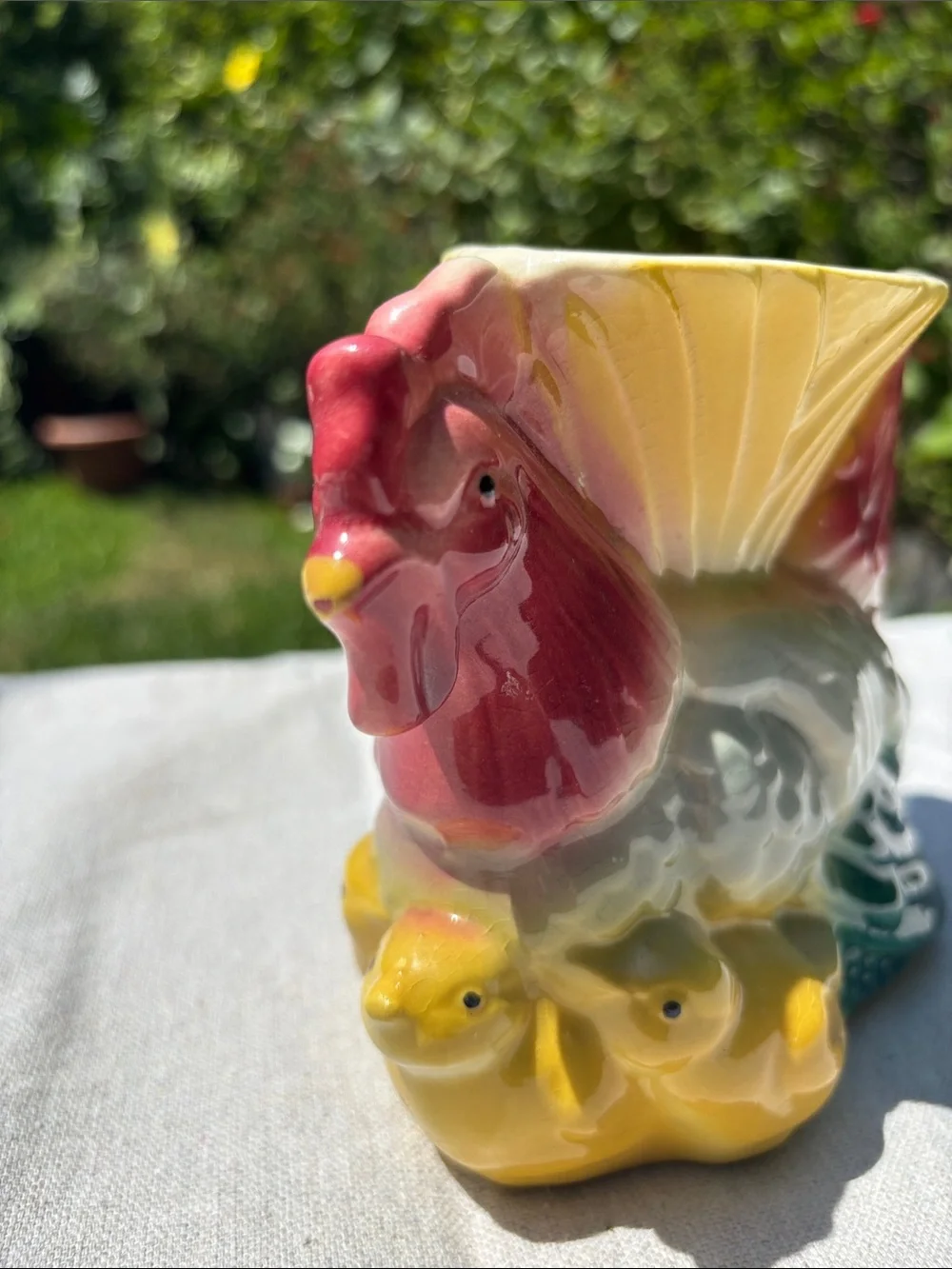 Vintage Hand-Painted Rooster Ceramic Vase in Red, Yellow & Green
